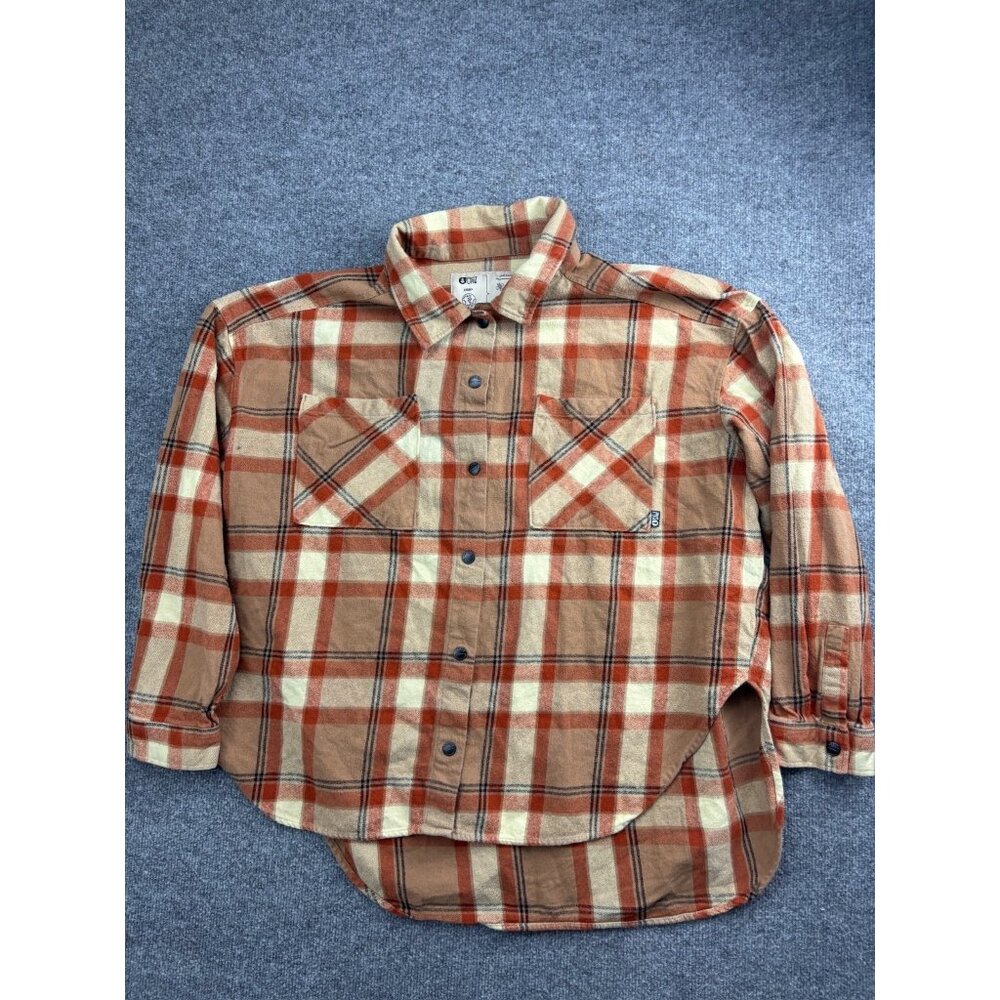 Picture Organic Flannel Shirt Women's XL Brown Red Long Sleeve Button Round Hem